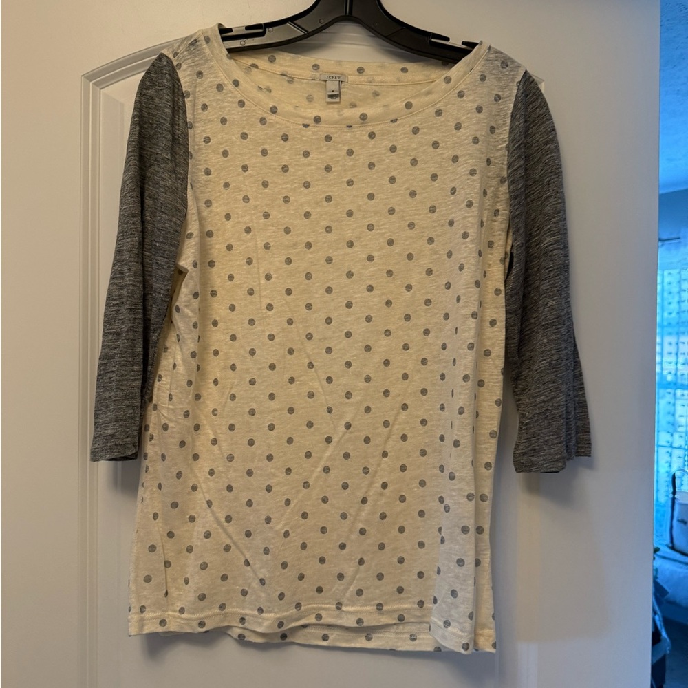 J. Crew Linen Colorblock Cream Polka Dot Top with Gray Sleeves Small